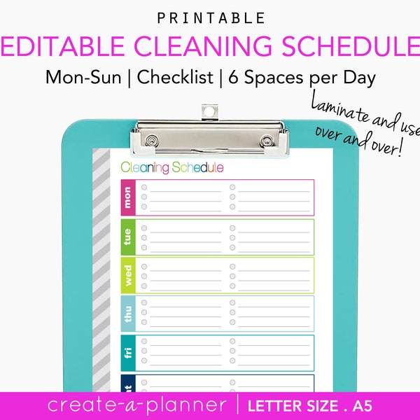 EDITABLE Weekly Cleaning Schedule Printable Checklist, Letter + A5 - INSTANT Download - Cleaning, Homekeeping
