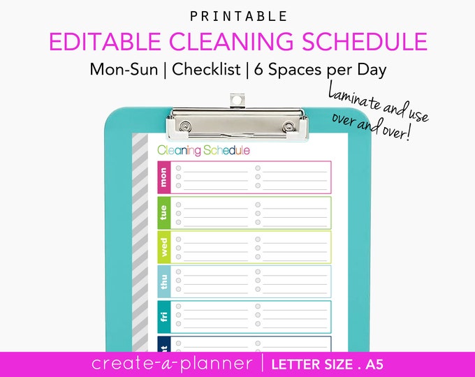 EDITABLE Weekly Cleaning Schedule Printable Checklist, Letter + A5 ...