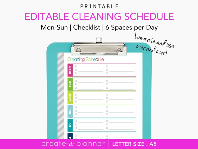 EDITABLE Weekly Cleaning Schedule Printable Checklist, Letter + A5 - INSTANT Download - Cleaning, Homekeeping 