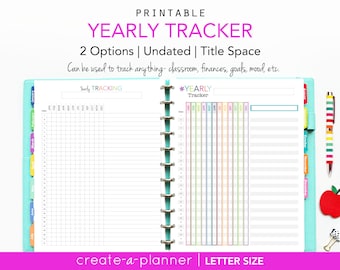 Yearly Tracker Insert // Printable Planner - PDF Download // Checklist, color code, annual, habits, budgt, goals, classroom, teacher