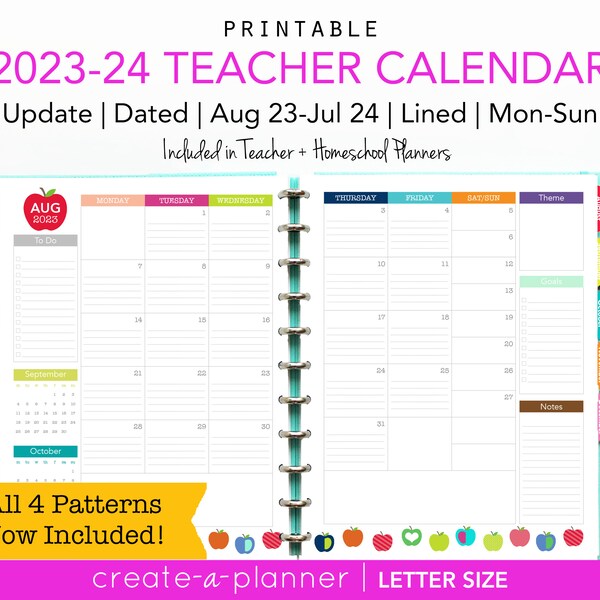 2023-2024 Teacher Planner Calendar Update // Printable Planner Inserts - PDF // Monthly Planner, Lesson, Big Happy Planner, Ruled, Academic