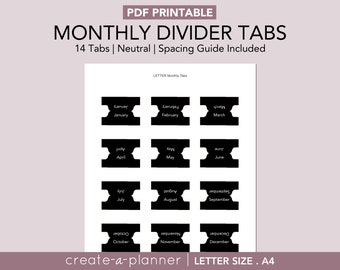 PRINTABLE Monthly Divider Tabs, Daily Planner Inserts - Contacts, Notes, black white, January to December, BIG Happy Planner, discbound, A4