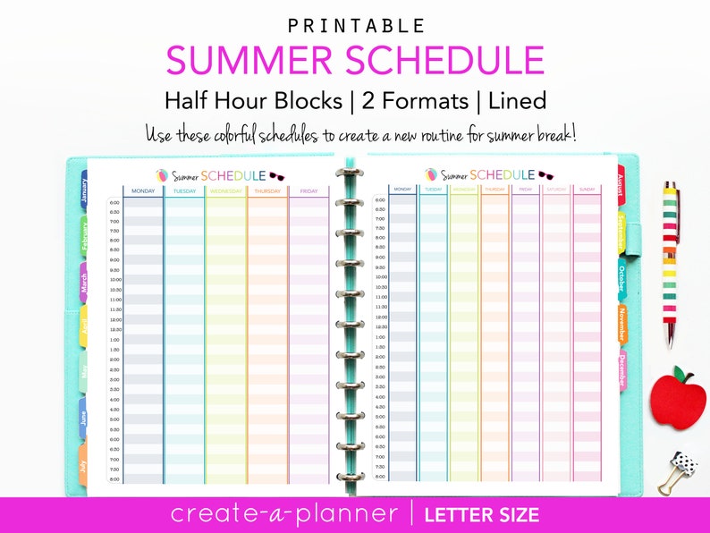 Summer Schedule Hourly // Printable Planner Insert PDF Download // time management, mom planner, family schedule, big happy planner image 1