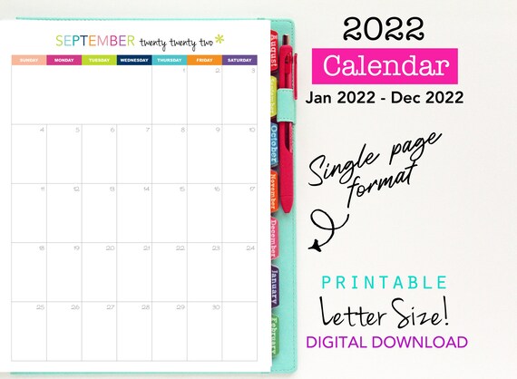 2022 calendar printable planner single page vertical etsy