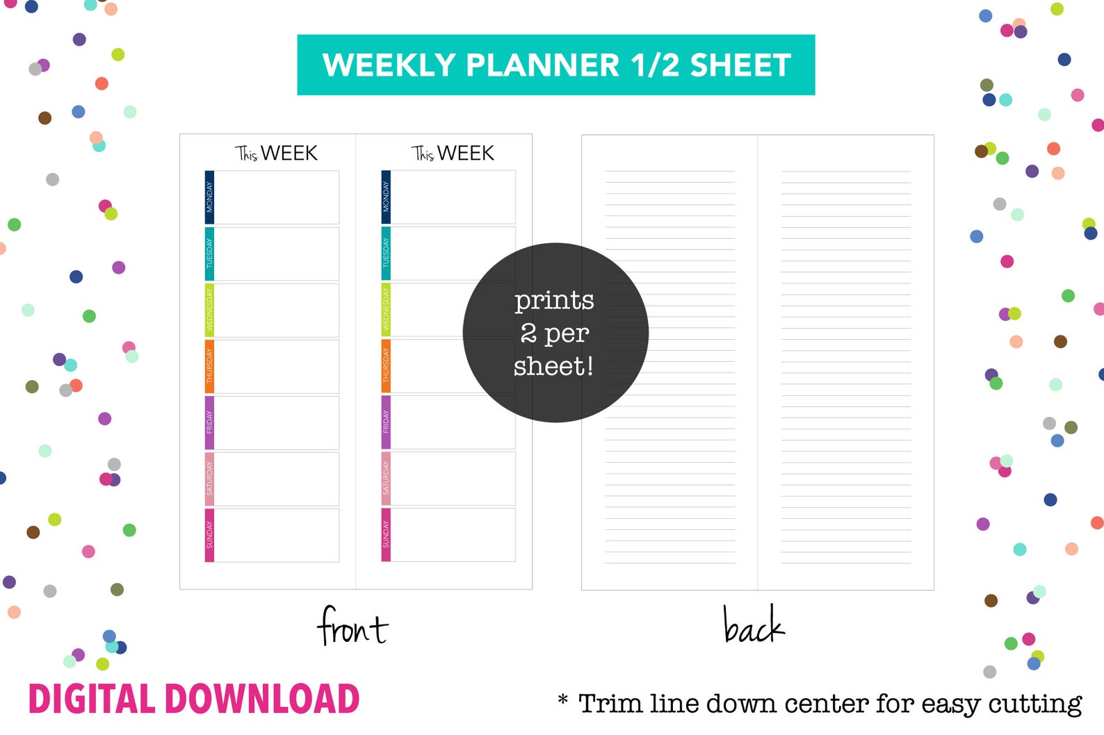 Weekly Planner Half Sheet // Printable Planner Inserts PDF | Etsy