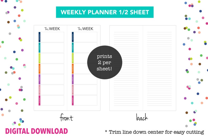 Weekly Planner Half Sheet // Printable Planner Inserts PDF Download // Agenda Personal Planner // Letter, Half Page, Big Happy Planner image 3