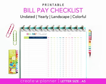 Bill Pay Checklist Printable Planner Page - INSTANT DOWNLOAD - finance, debt payment, budget planner- letter size + A5