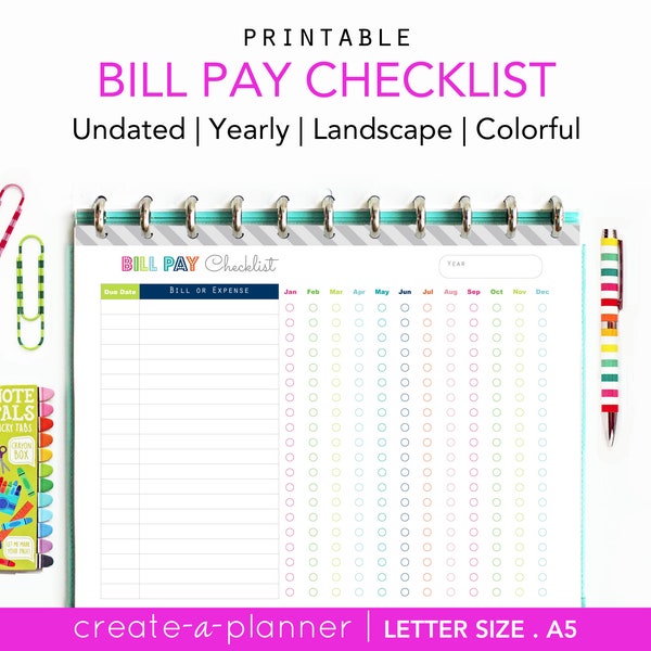 Bill Pay Checklist Printable Planner Page - INSTANT DOWNLOAD - finance, debt payment, budget planner- letter size + A5