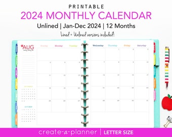 2024 Unlined Calendar // Printable Planner Inserts - PDF Download // 2 page spread, Monthly, Agenda, Big Happy Planner