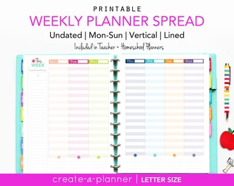 UNDATED Vertical Weekly Planner, Printable Planner Inserts, Digital Download, Weekly Planning, Hourly Planner, Time Management, 2018 Planner