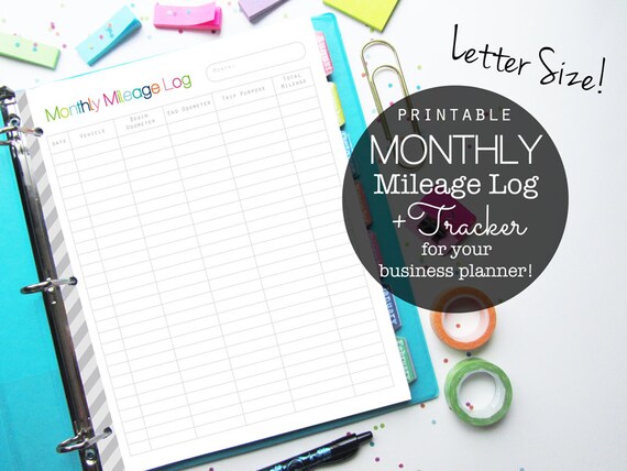 monthly mileage log pdf printable planner page inserts small business and etsy shop letter size small business mileage log