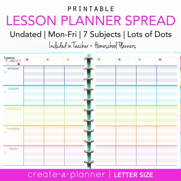 Undated Lesson Planner Teacher Homeschool //  Printable Digital Download // Lined, colorful, teaching, homeschooling