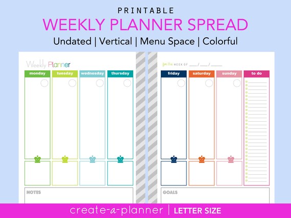 Weekly Planner Printable 2 Page Spread Undated INSTANT | Etsy