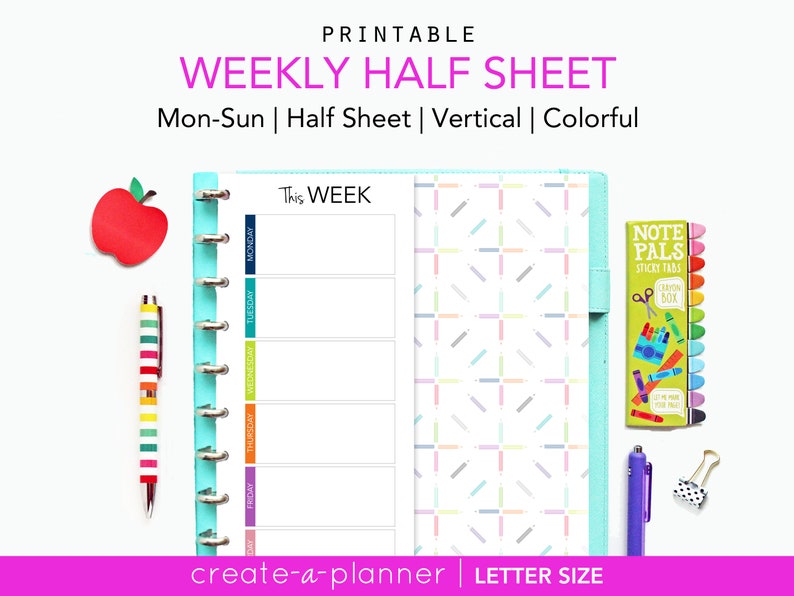 Weekly Planner Half Sheet // Printable Planner Inserts PDF Download // Agenda Personal Planner // Letter, Half Page, Big Happy Planner image 1