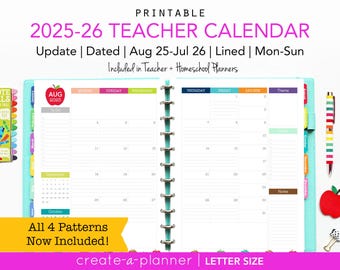 2025-2026 Teacher Planner Calendar Update // Printable Planner Inserts - PDF // Monthly, Lesson, Big Happy Planner, Ruled, Academic, Apple