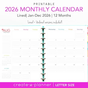 May include: A printable 2026 monthly calendar with lined pages, featuring a teal binder. The calendar includes the months of January to December, with lined and unlined versions. The image also shows a colorful pen, a red apple, and a decorative mushroom.