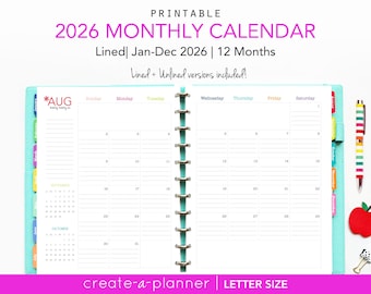 2026 Lined Calendar // Printable Planner Inserts - PDF Download // Ruled, 2 page spread, Monthly, Agenda, Big Happy Planner