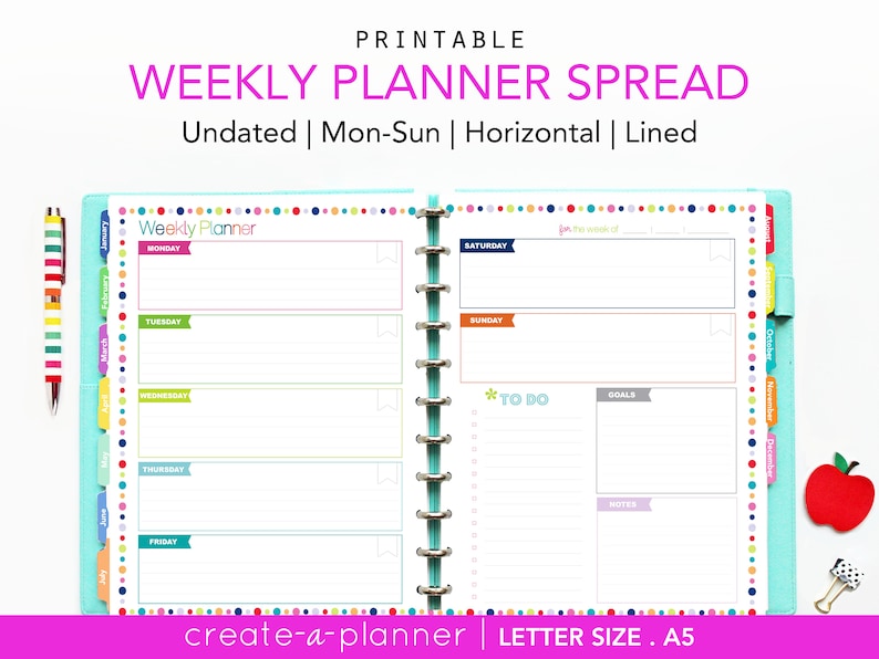 UNDATED Weekly Planner Printable, Confetti Dot INSTANT DOWNLOAD A5 and Letter Size image 1