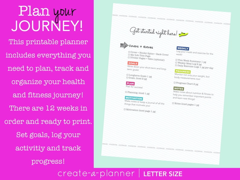 Fitness Planner, Printable Inserts, Diet Log INSTANT DOWNLOAD Weekly Meal Log, Goals, Fitness Log, Weight Loss, Letter Size and A5 image 2