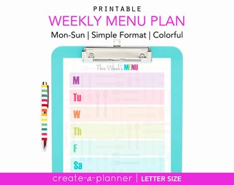 Weekly Menu Planner, Printable - Meal Planning, letter size - INSTANT DOWNLOAD - Menu Planning, Diet & Nutrition