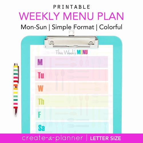 Weekly Menu Planner, Printable - Meal Planning, letter size - INSTANT DOWNLOAD - Menu Planning, Diet & Nutrition