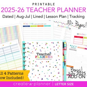 May include: A printable 2025-26 Teacher Planner with a colorful cover featuring confetti dots. The planner includes lesson plans, tracking, and more. The text includes "Dated | Aug-Jul | Lined | Lesson Plan | Tracking" and "All 4 Patterns Now Included!"