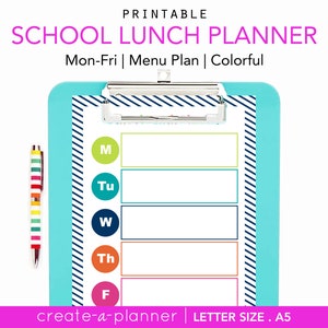 Weekly School Lunch Planner Pdf Printable Planner Page - INSTANT DOWNLOAD -Letter Size + A5, navy stripe border