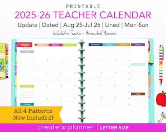 2025-2026 Teacher Planner Calendar Update // Printable Planner Inserts - PDF // Monthly Planner, Lesson, Big Happy Planner, Ruled, Academic