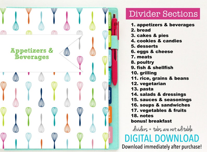 Recipe Binder Template EDITABLE Bundle, Personalized, Printable PDF, Colorful, Cover plus Dividers, 3 Ring, Bridal Shower Gift, Organizer image 3