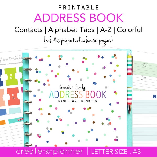 Address Book, Printable Pages, Planner Inserts, Contacts Pages,  Filofax A5, Kikki K large, Letter Size, Happy Planner, Discbound Planner