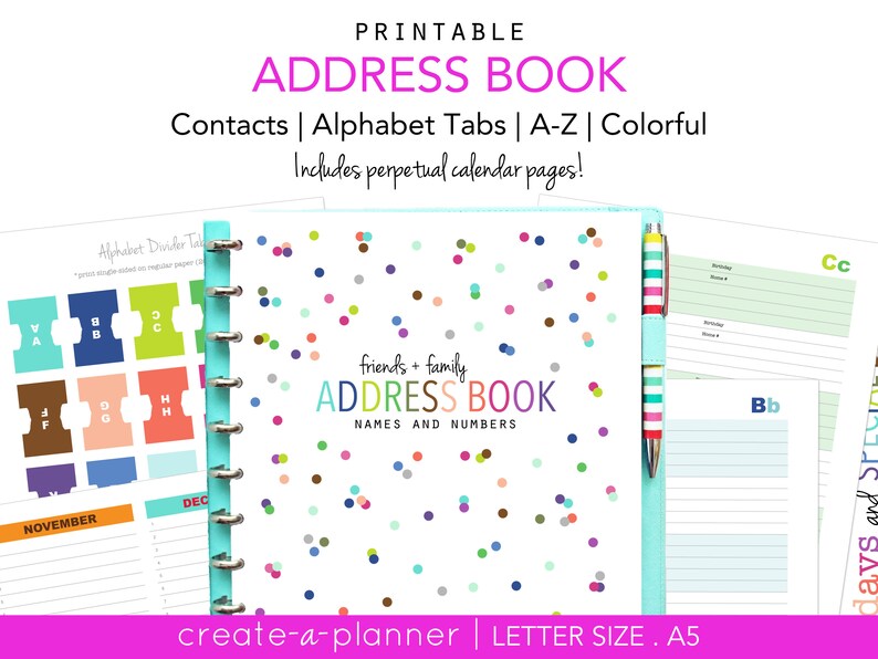 Address Book, Printable Pages, Planner Inserts, Contacts Pages, Filofax A5, Kikki K large, Letter Size, Happy Planner, Discbound Planner image 1