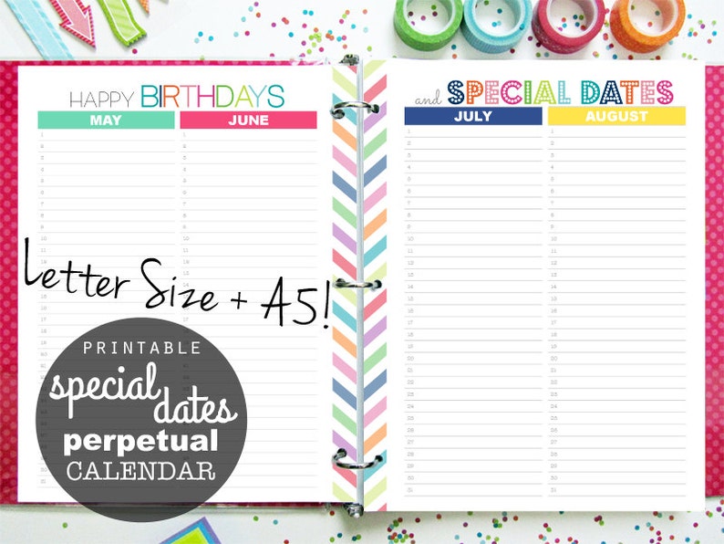 Perpetual Calendar Planner Printable Special Dates INSTANT Etsy