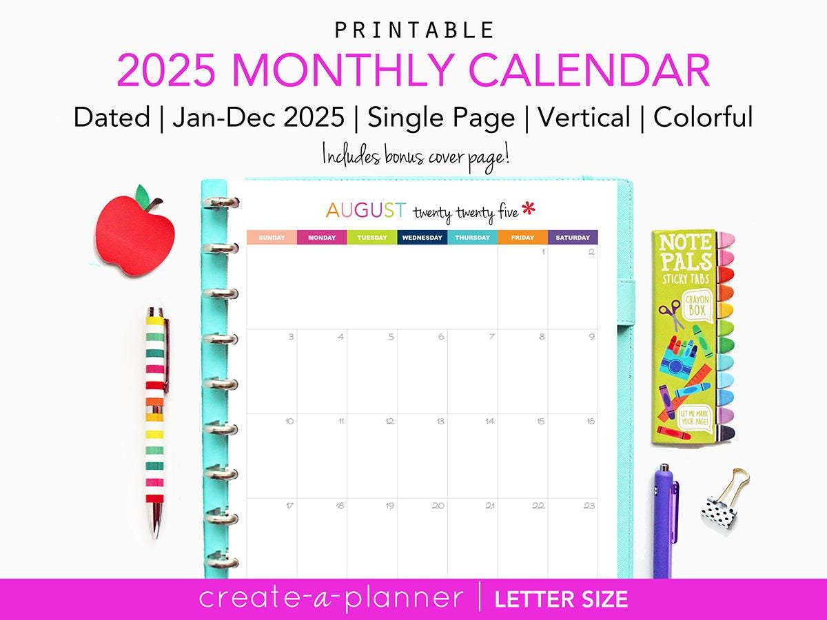 2025 Calendar, Printable Planner, Single Page, Vertical Calendar - Digital Download - Monthly Planning, 12 Months, Planner Inserts