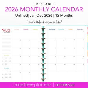 May include: A printable 2026 monthly calendar with a teal binder, featuring unlined pages for each month from January to December. The calendar includes lined and unlined versions. A colorful pen, a red apple, and a decorative mushroom are also visible.