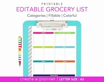 EDITABLE Grocery List, Printable Planner, Letter Size + A5 - INSTANT DOWNLOAD - Shopping, Categories, Planning