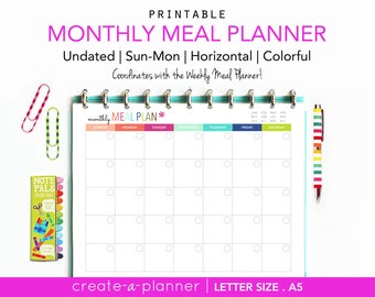 Monthly Meal Planner // Printable Planner Inserts - PDF Download // Menu planner, Weight Loss, Nutrition Log, Big Happy Planner, A5 Filofax