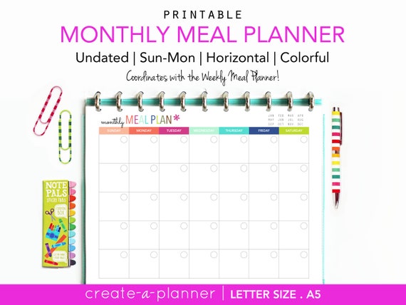 Monthly Meal Planner // Printable Planner Inserts - PDF Download // Menu planner, Weight Loss, Nutrition Log, Big Happy Planner, A5 Filofax