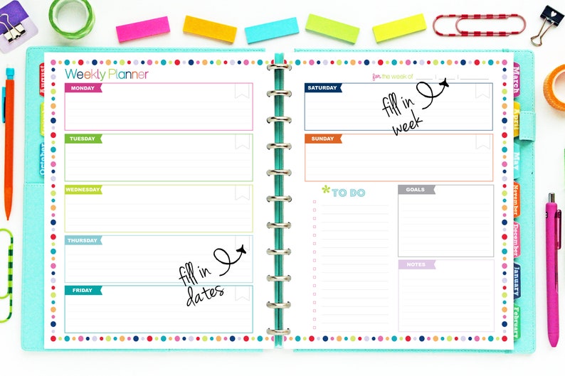 UNDATED Weekly Planner Printable, Confetti Dot INSTANT DOWNLOAD A5 and Letter Size image 4