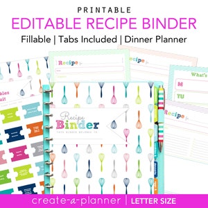 Recipe Binder Template EDITABLE Bundle, Personalized, Printable PDF, Colorful, Cover plus Dividers, 3 Ring, Bridal Shower Gift, Organizer image 1