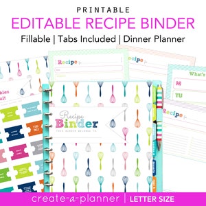 Modelo de fichário de receitas Pacote EDITÁVEL, personalizado, PDF para impressão, colorido, capa mais divisórias, 3 anéis, presente de chá de panela, organizador