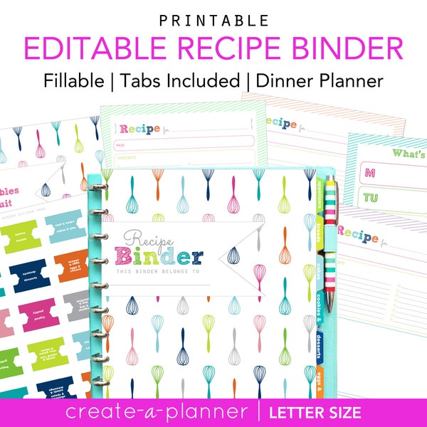 Recept Binder sjabloon BEWERKBARE bundel, gepersonaliseerde, afdrukbare PDF, kleurrijk, cover plus verdelers, 3 ringen, bruids douchegift, organisator