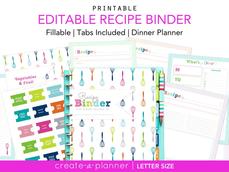 Recipe Binder Kit Book EDITABLE personalized / Printable PDF, Template,  // Cover, Dividers, 3 Ring, Bridal Shower Gift, Organizer 