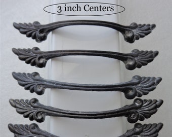 French Provincial Leaf Pulls 6 Well Worn Dresser Drawer Pulls Handles 3 in Centers Black Gray hardware