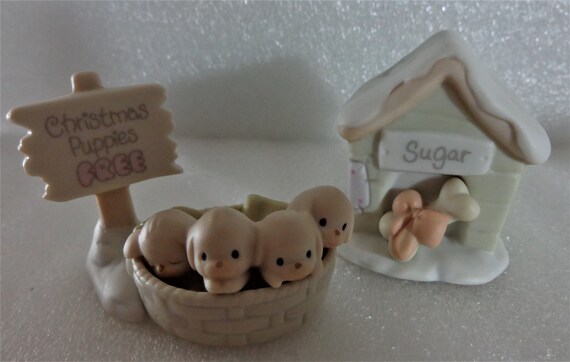 Precious Moments, Sugar Town, 1994, NO Boxes, Christmas Puppies, 528064 and Sugar with her Doghouse - Dog House with Bone, 533165