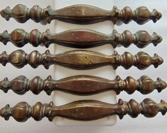 Vintage 5 Antique Bronze Brass Pull Worn finish Dresser Cabinet Drawer Pulls Handles 3 in center Hardware