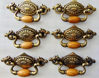 Traditional Hardware 6 Antique Brass & Wood Drop Pulls 2.25 in Center Vintage hardware