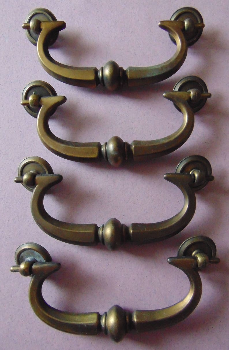 4 Antique Brass Drop Pulls Traditional Cabinet Handles Pulls Etsy