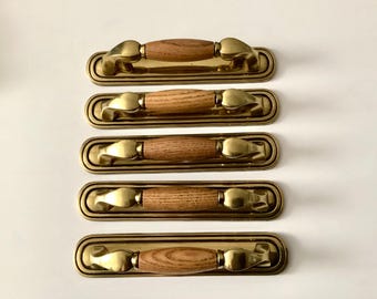 Drawer Pulls Backplates 3 inch CtC KBC Antique Brass & Wood Hardware Set of 5