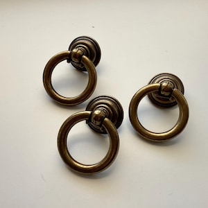 Round Desk Ring Pulls Antique Brass Vintage 756 Hardware Set  of 3
