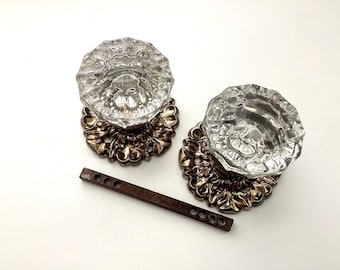 Pair Glass Door Knobs with Spindle & Rosettes NO Set Screws, Antique Hardware